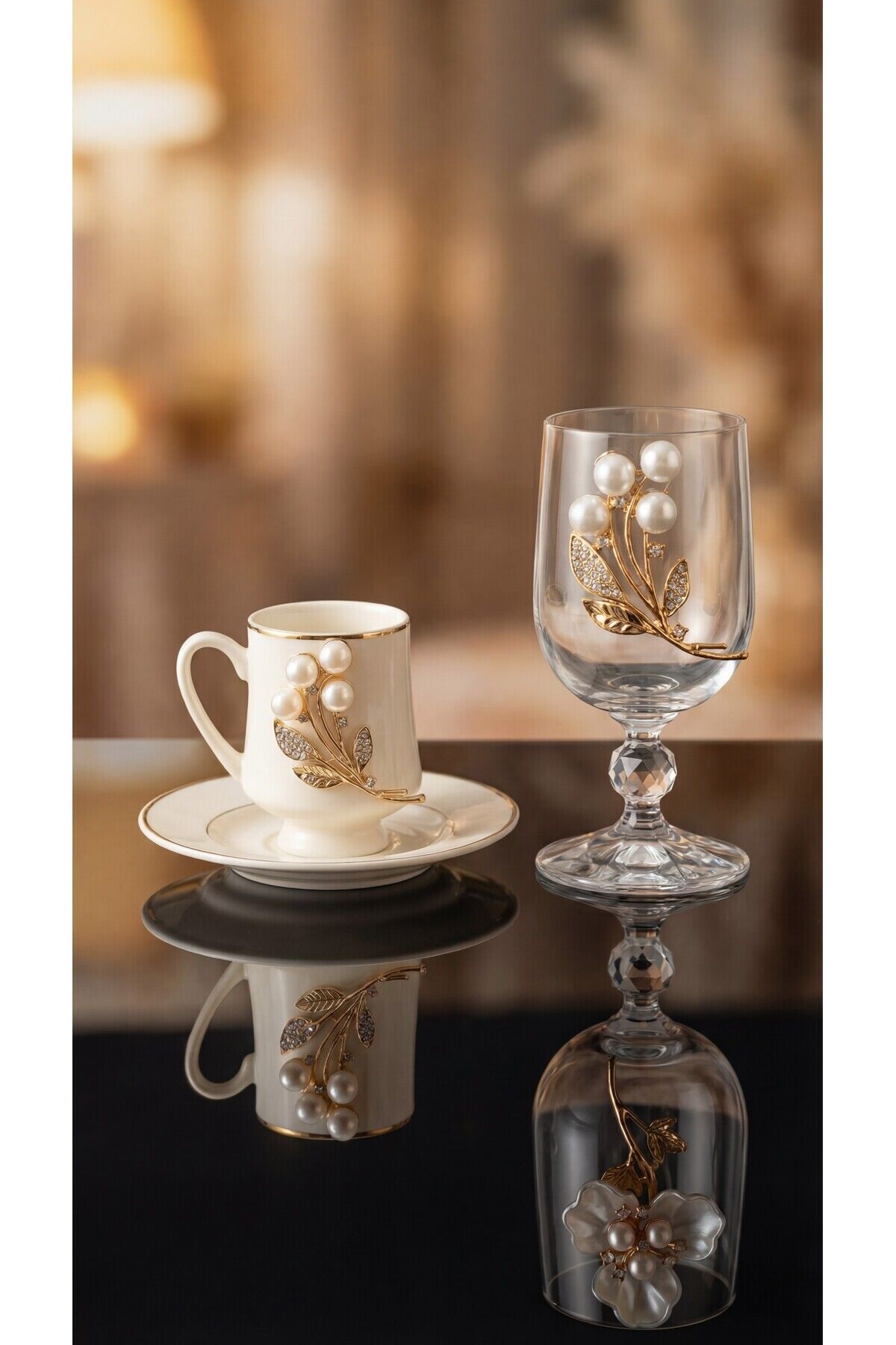 Gold Metal & İnci Çiçek Figürlü 12 Parça Bardak Fincan Seti | Şık Sunum İnci