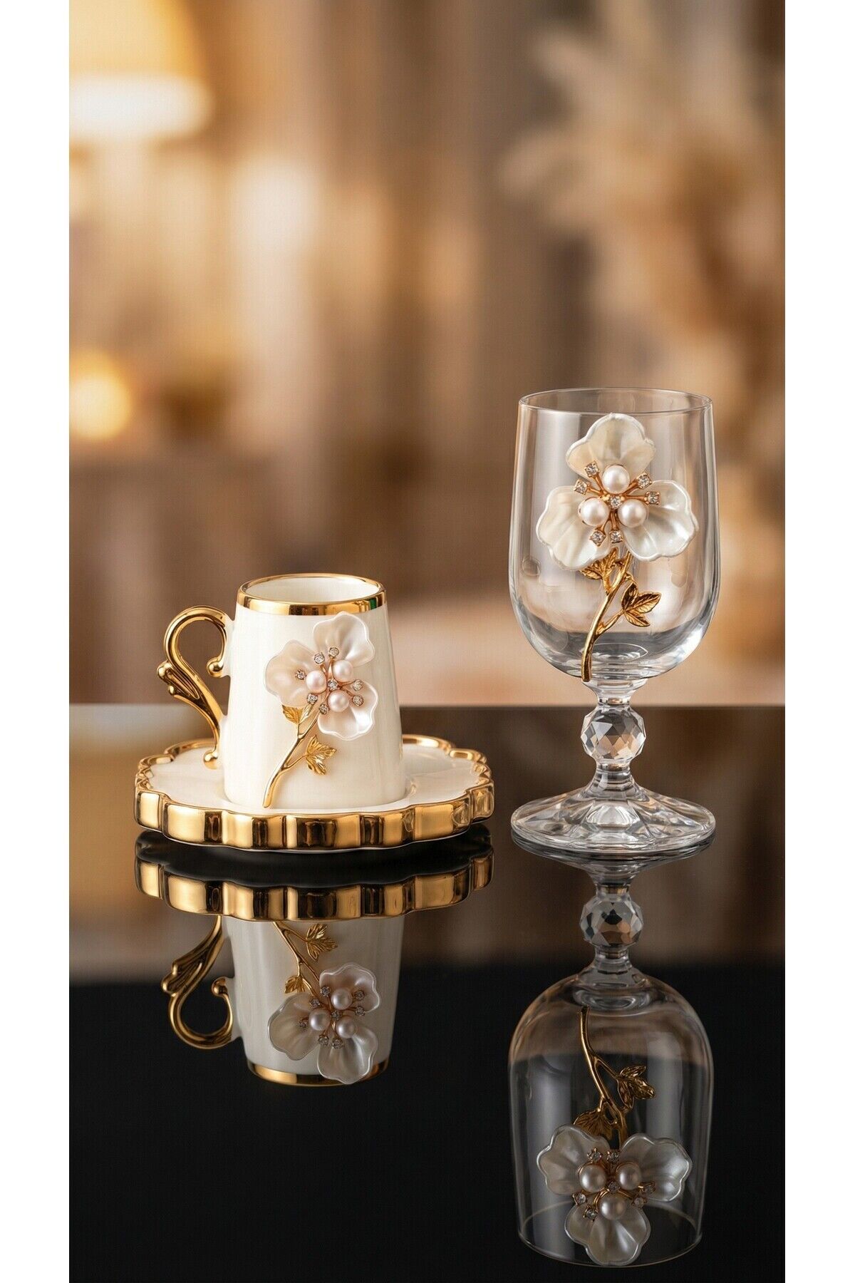 Gold Metal & İnci Çiçek Figürlü 12 Parça Bardak Fincan Seti | Şık Sunum Çiçek