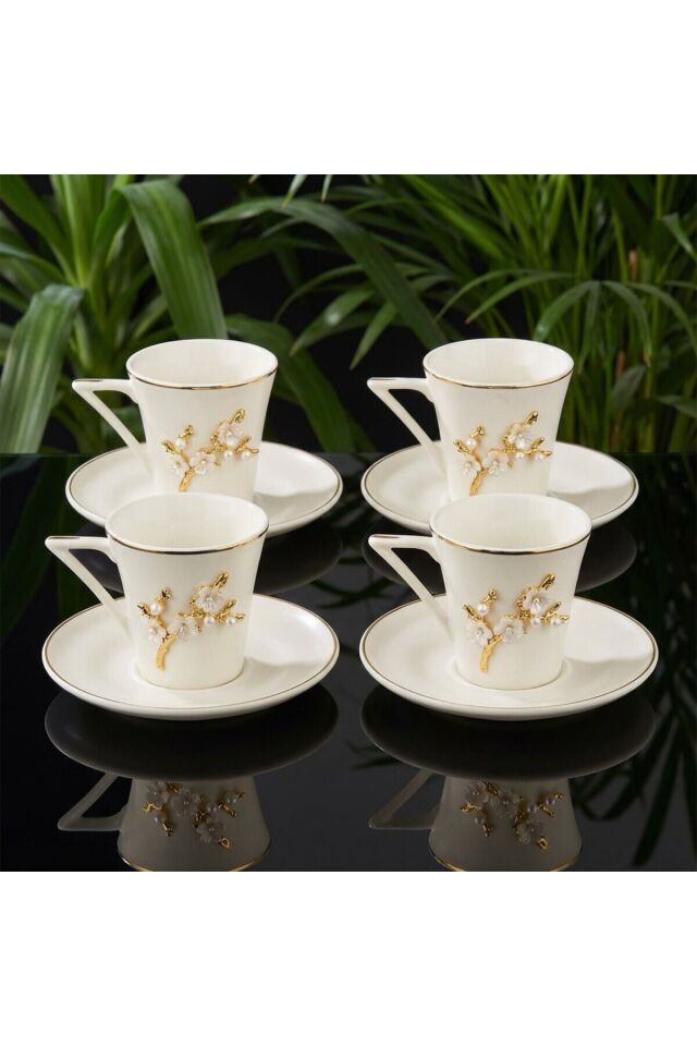 Flora Luxe Serisi Altın Yaldızlı Porselen Kahve Fincanı & Tabağı – Çiçek ve Kelebek Detaylı 4 Model Ozkent Çiçekli