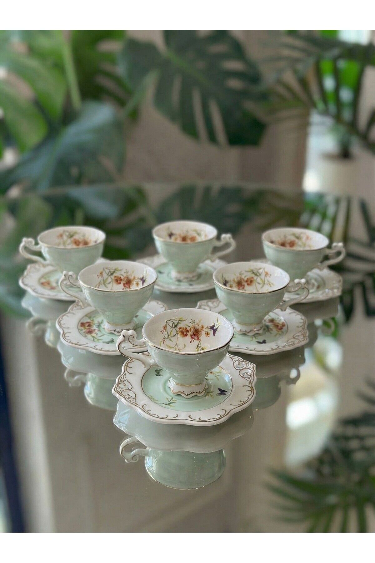 Flower Kahve Fincanı Takımı 6 Kişilik – Şık Desenli Türk Kahvesi Fincan Seti Turkuaz
