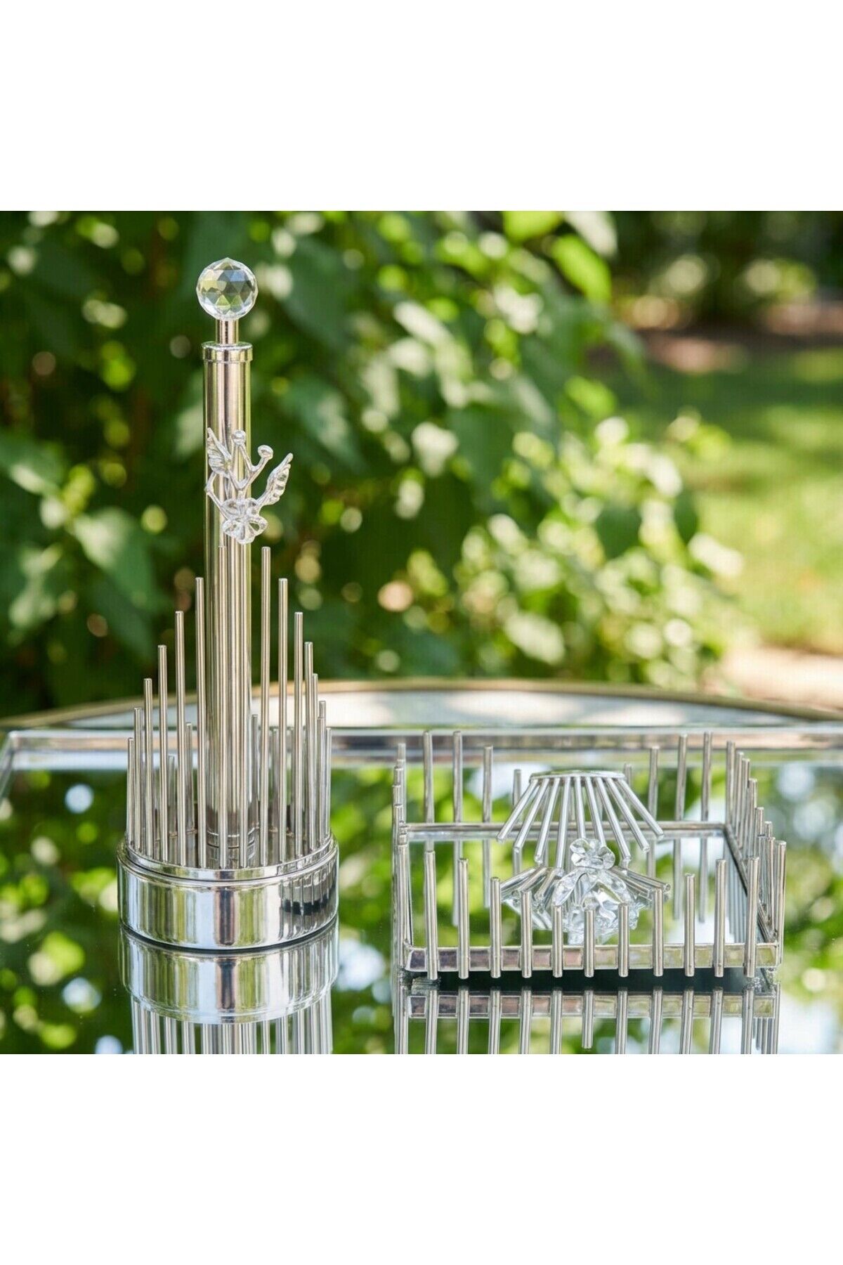 Kristal Detaylı Lüks 2’li Set | Kağıt Havluluk + Peçetelik | Gold-Gümüş Renk Dekoratif Masa Üstü Set Gümüş