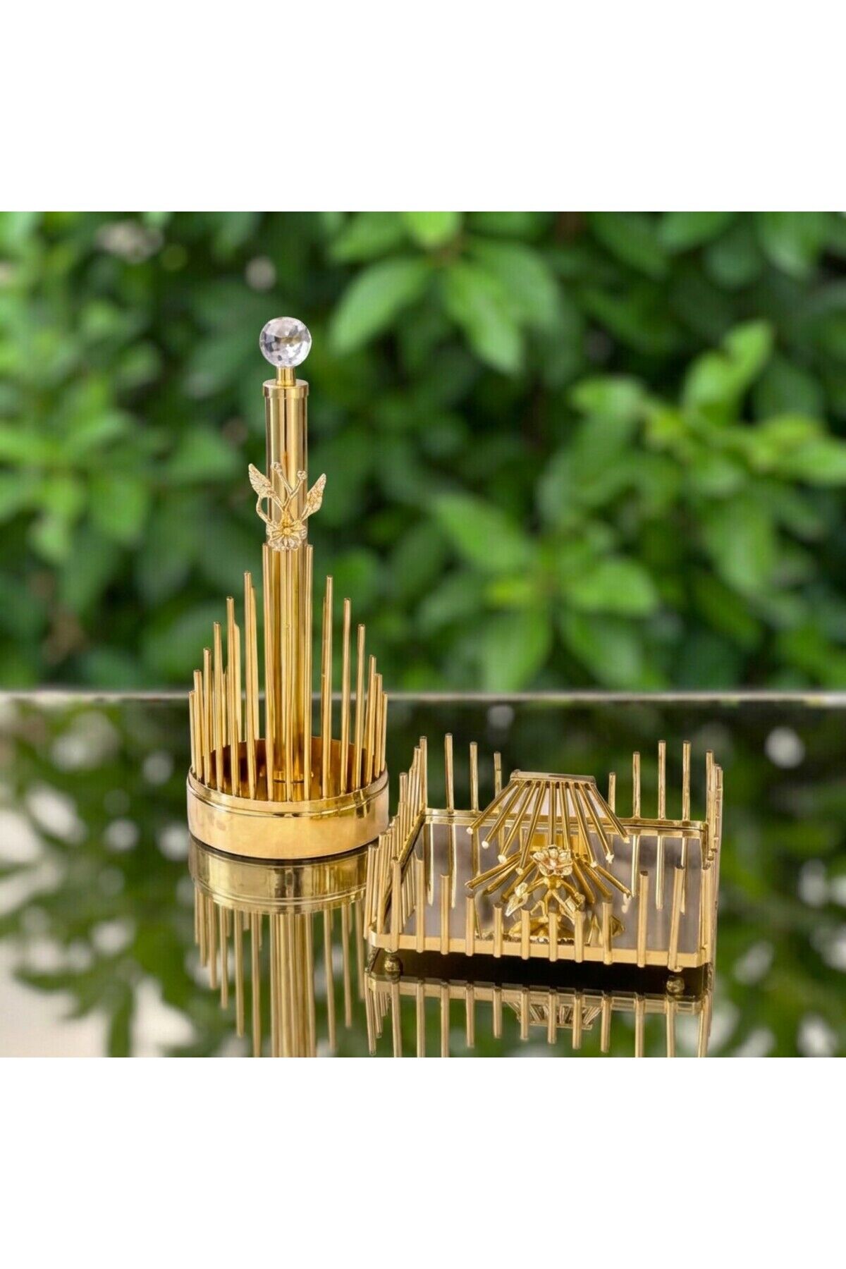 Kristal Detaylı Lüks 2’li Set | Kağıt Havluluk + Peçetelik | Gold-Gümüş Renk Dekoratif Masa Üstü Set Altın