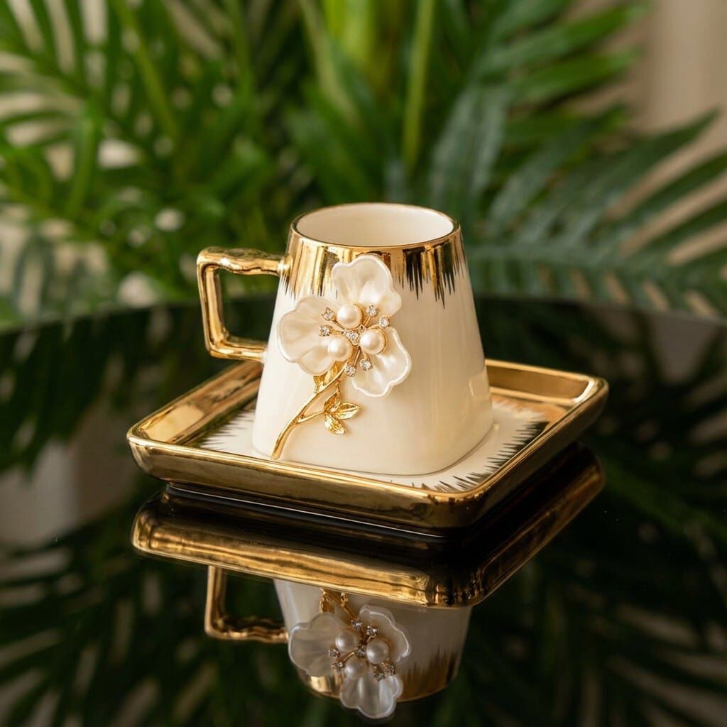 Gold Metal Çiçek Figürlü 6 Parça Fincan Seti | Şık Sunum