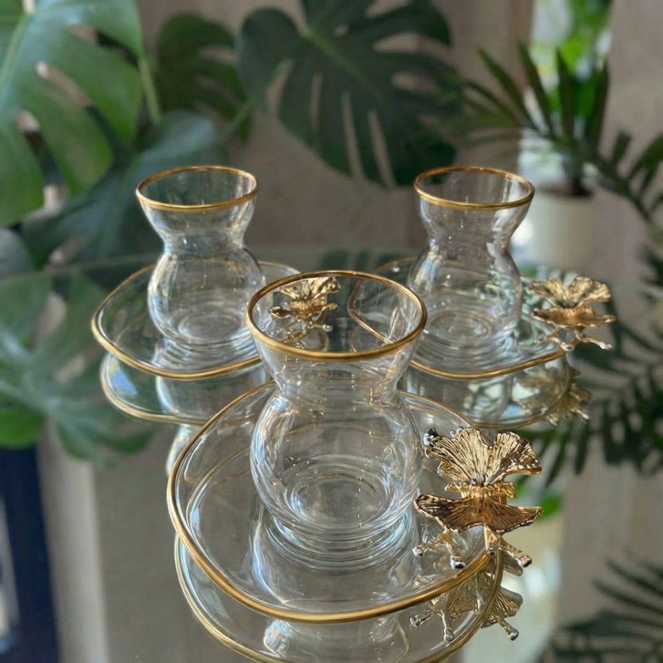 Lüx 6 Kişilik 12 Parça Kelebekli Gold Yaldızlı Çay Seti