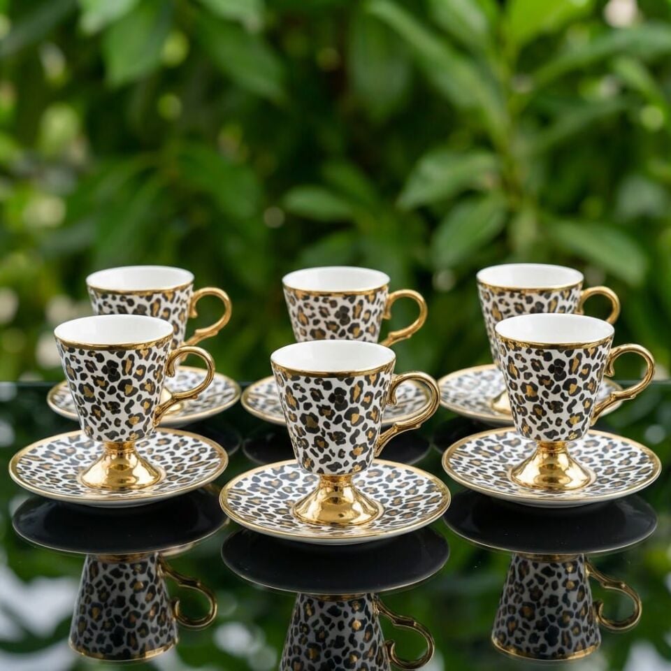 Leopar Desenli Ayaklı Porselen Kahve Fincanı Takımı 6 Kişilik – Altın Yaldızlı Fincan Seti Beyaz