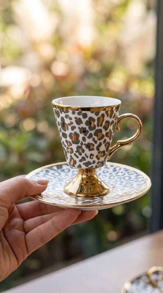 Leopar Desenli Ayaklı Porselen Kahve Fincanı Takımı 6 Kişilik – Altın Yaldızlı Fincan Seti Beyaz