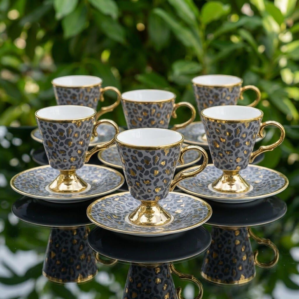 Leopar Desenli Ayaklı Porselen Kahve Fincanı Takımı 6 Kişilik – Altın Yaldızlı Fincan Seti Füme
