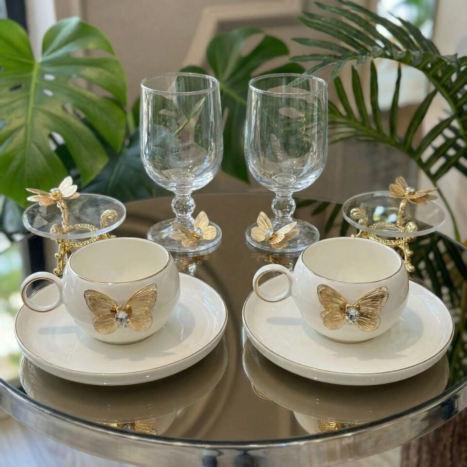 6 Parça Kahve Sunum Seti – 2 Fincan 2 Kadeh 2 Lokumluk – Gold Yaldızlı Cam & Porselen Şık Çeyiz Seti