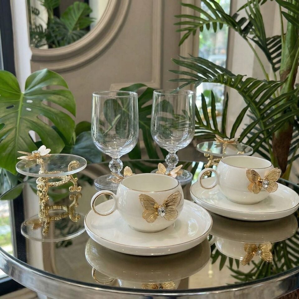 6 Parça Kahve Sunum Seti – 2 Fincan 2 Kadeh 2 Lokumluk – Gold Yaldızlı Cam & Porselen Şık Çeyiz Seti