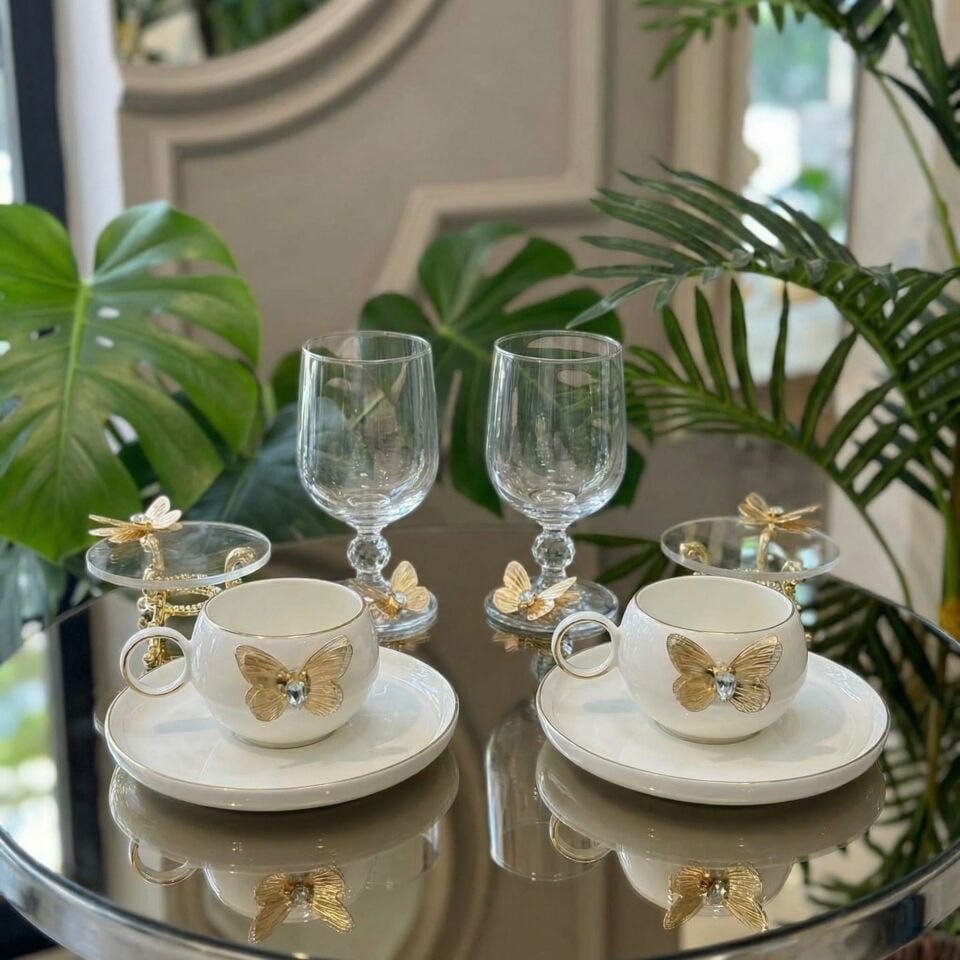 6 Parça Kahve Sunum Seti – 2 Fincan 2 Kadeh 2 Lokumluk – Gold Yaldızlı Cam & Porselen Şık Çeyiz Seti