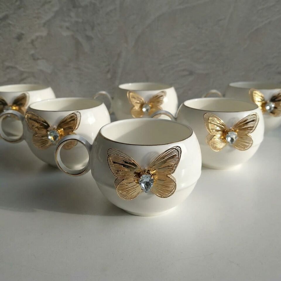 Kelebek Detaylı 6’lı Türk Kahvesi Fincan Takımı – Gold Porselen Set Şık Çeyiz & Misafir Sunumluk