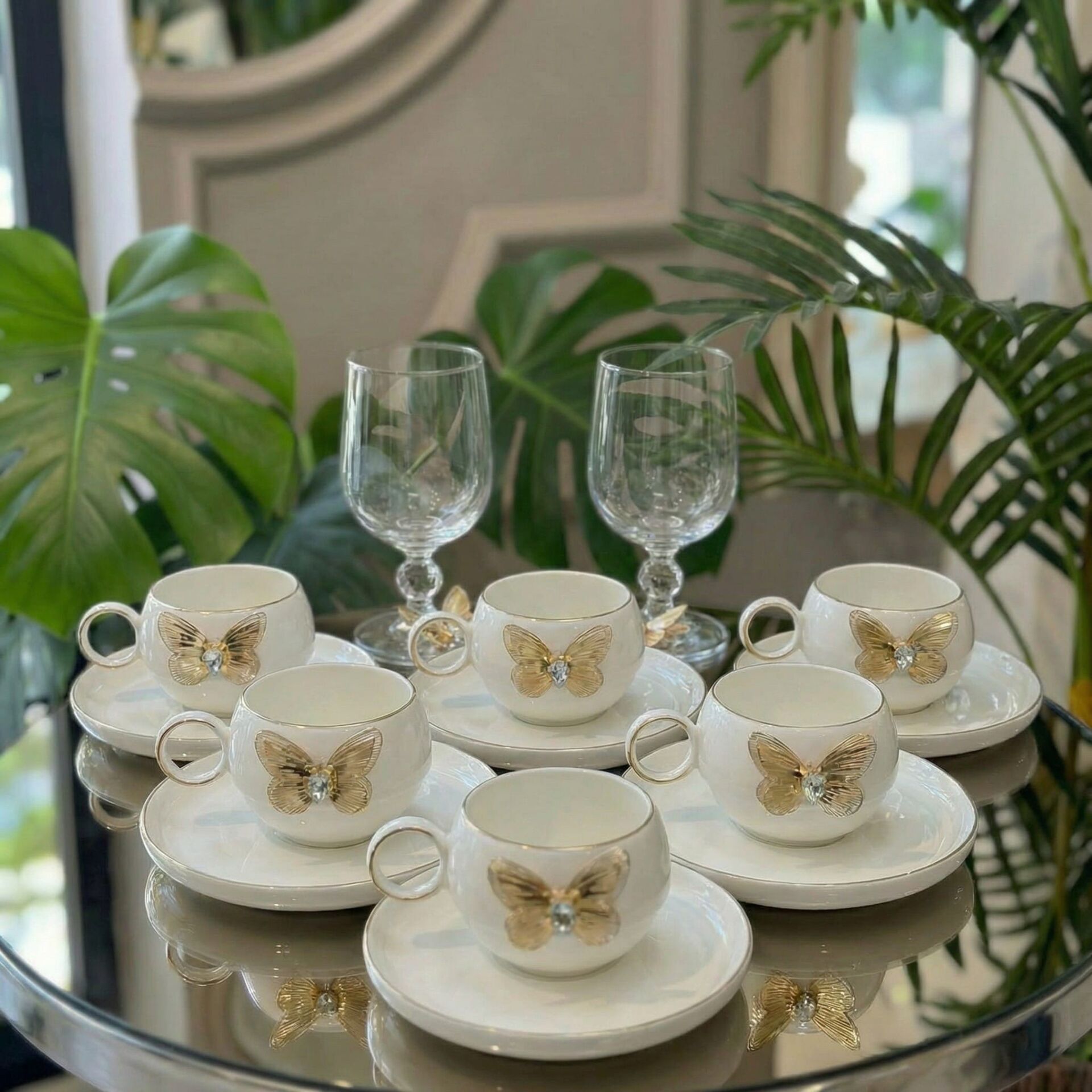 Kelebek Detaylı 6’lı Türk Kahvesi Fincan Takımı – Gold Porselen Set Şık Çeyiz & Misafir Sunumluk