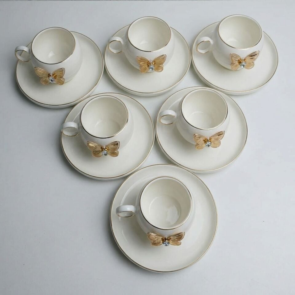 Kelebek Detaylı 6’lı Türk Kahvesi Fincan Takımı – Gold Porselen Set Şık Çeyiz & Misafir Sunumluk