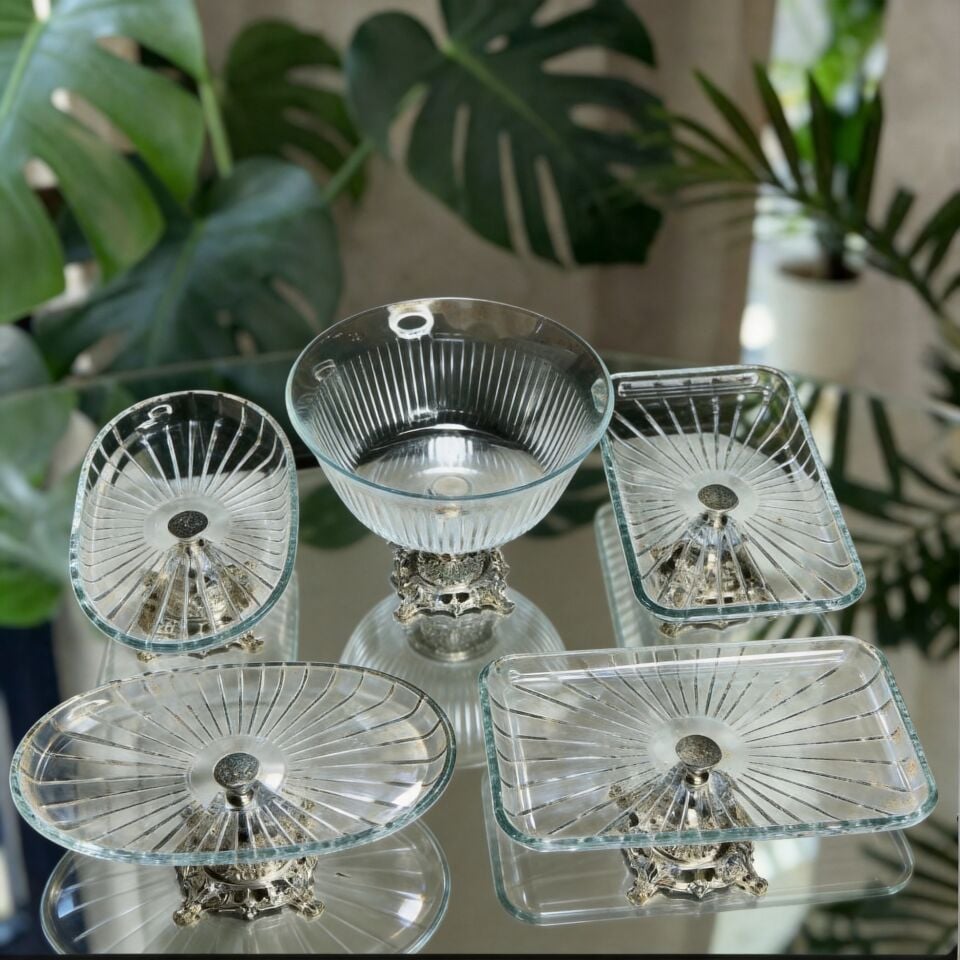 Vintage 5 Parça Gümüş Kristal Sunum Seti - Kase, Ayaklı Tabak ve Kulplu Tepsi