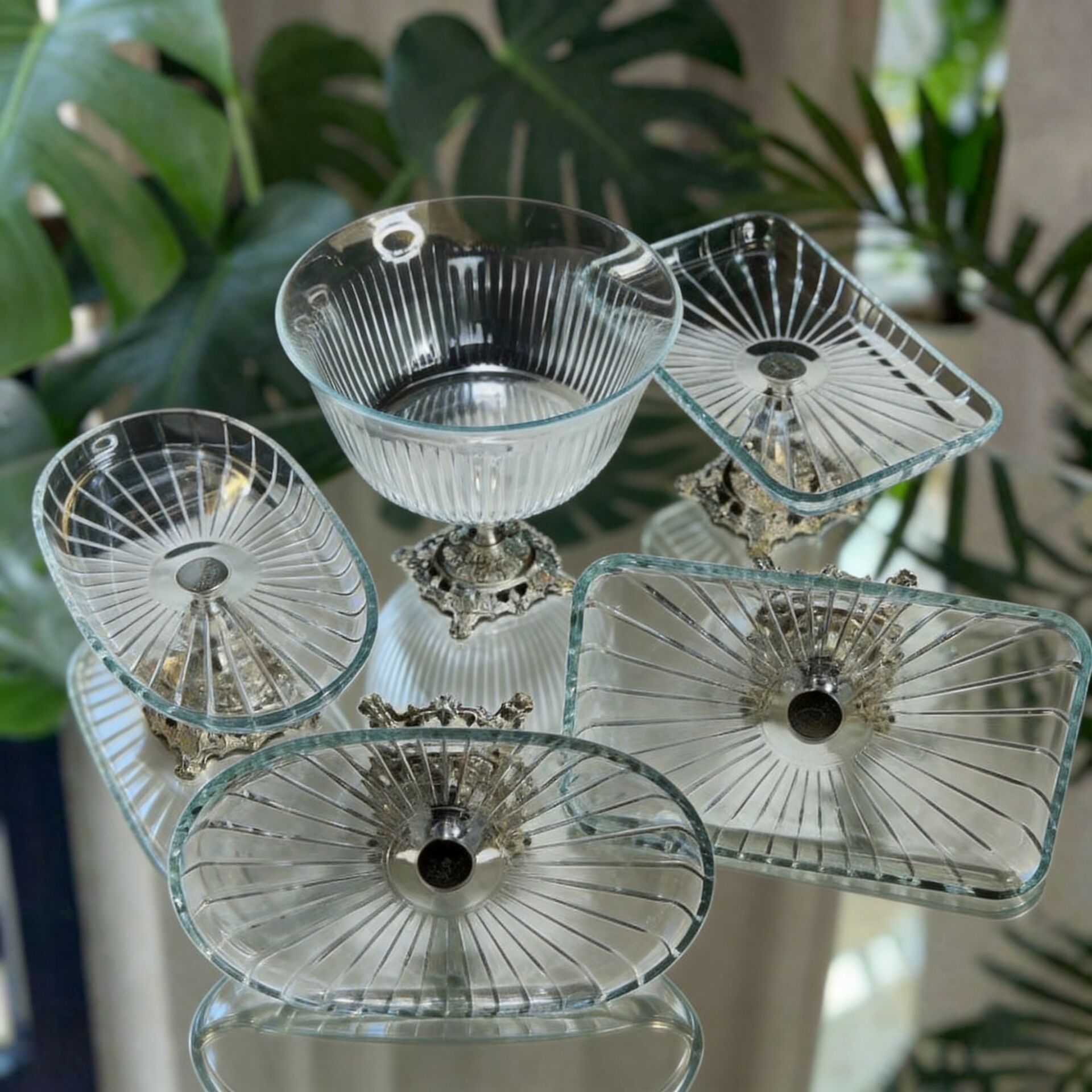 Vintage 5 Parça Gümüş Kristal Sunum Seti - Kase, Ayaklı Tabak ve Kulplu Tepsi