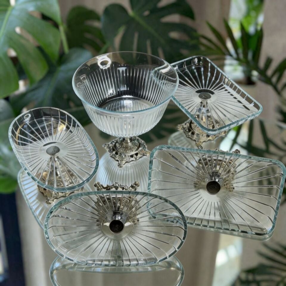 Vintage 5 Parça Gümüş Kristal Sunum Seti - Kase, Ayaklı Tabak ve Kulplu Tepsi