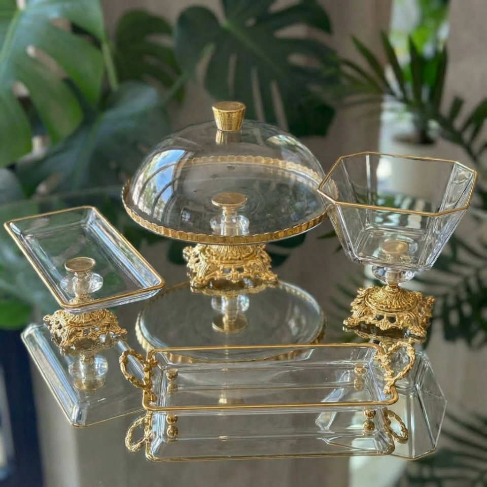 Elegant 4 Parça Gold Kristal Sunum ve Servis Seti