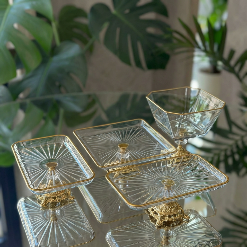 Elegant 4 Parça Gold Kristal Sunum ve Servis Seti