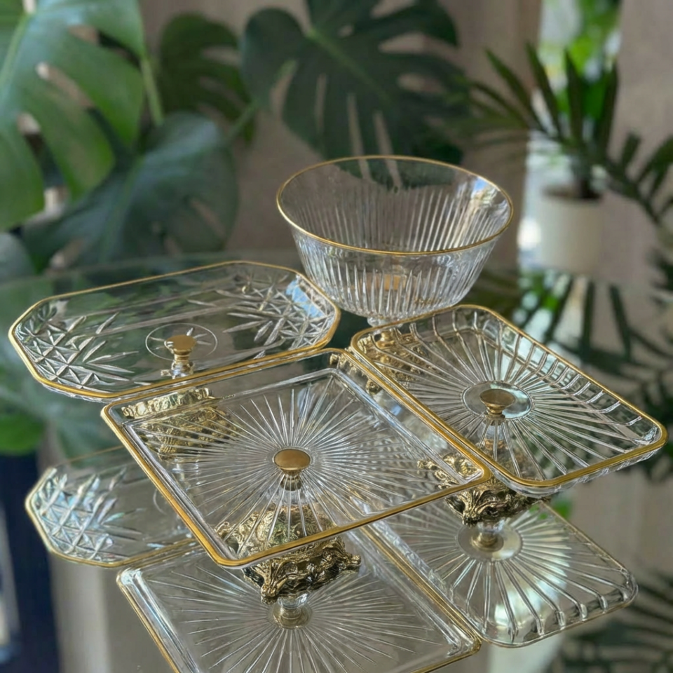 Elegant 4 Parça Gold Kristal Sunum ve Servis Seti