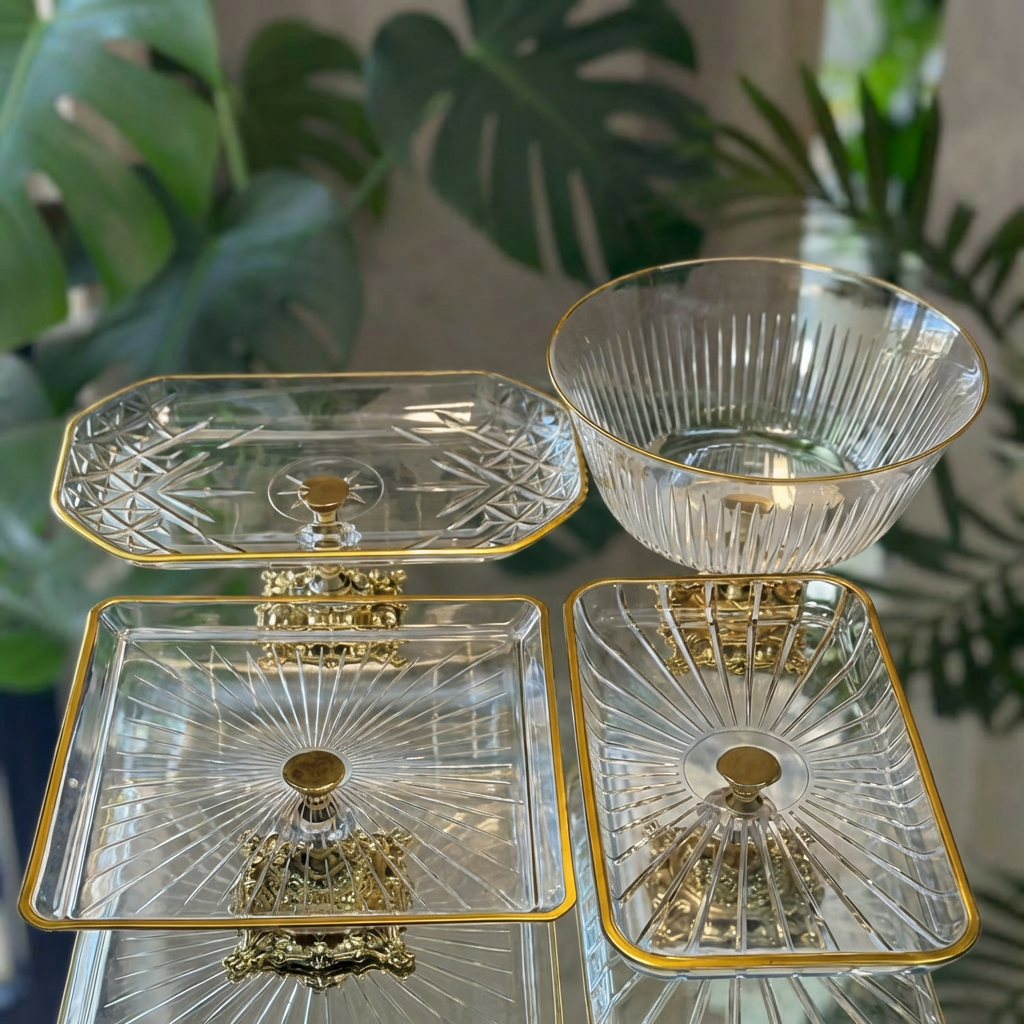 Elegant 4 Parça Gold Kristal Sunum ve Servis Seti