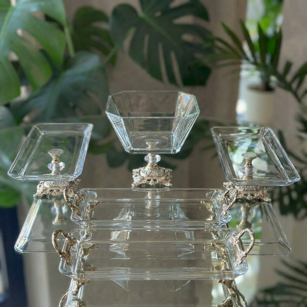 Vintage 5 Parça Gümüş-Gold Kristal Sunum Seti - Kase, Ayaklı Tabak ve Kulplu Tepsi Gümüş