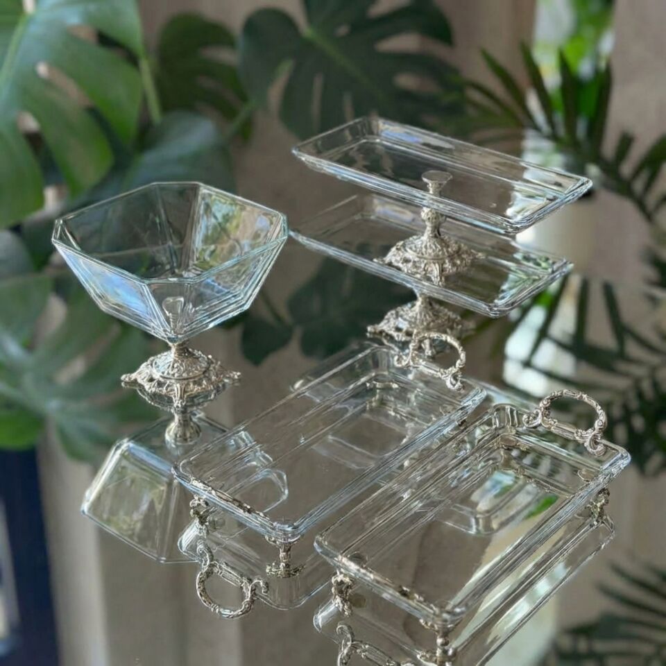 Vintage 5 Parça Gümüş-Gold Kristal Sunum Seti - Kase, Ayaklı Tabak ve Kulplu Tepsi Gümüş