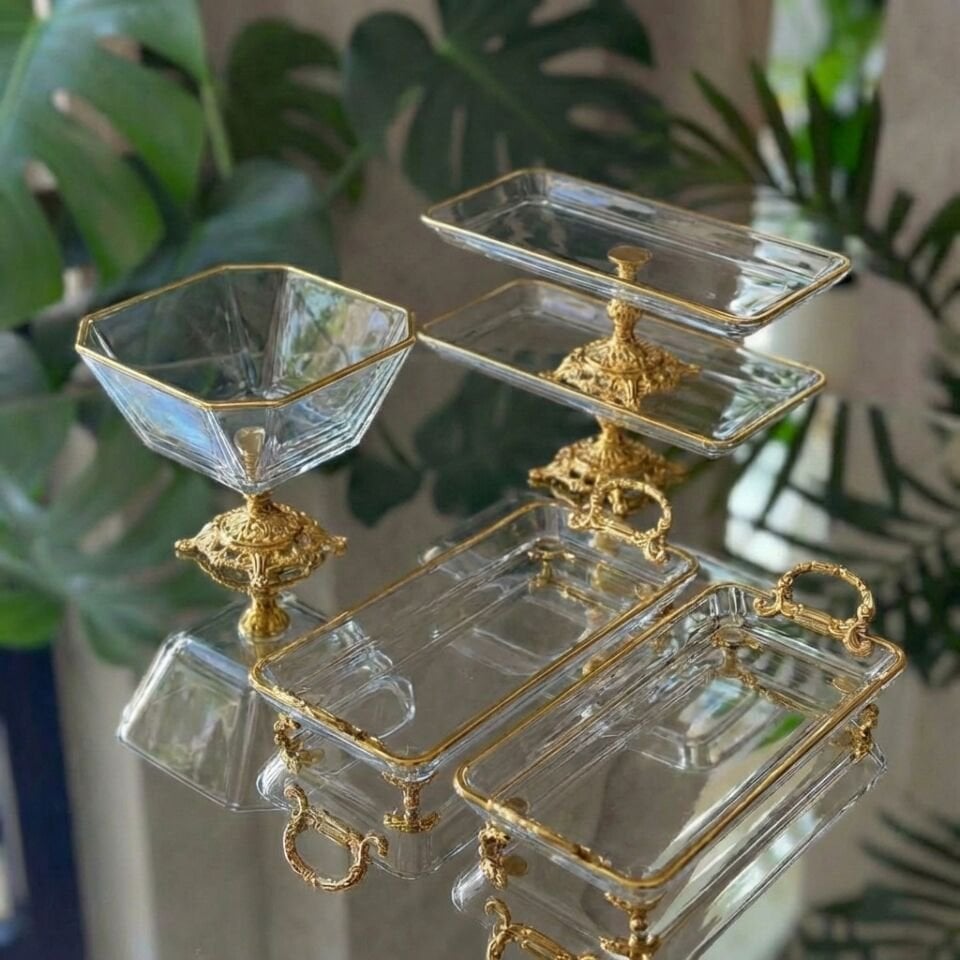 Vintage 5 Parça Gümüş-Gold Kristal Sunum Seti - Kase, Ayaklı Tabak ve Kulplu Tepsi Gold