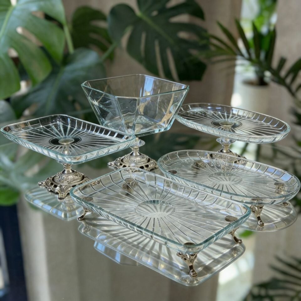 Vintage 5 Parça Gümüş-Gold Kristal Sunum Seti - Kase, Ayaklı Tabak ve Kulplu Tepsi Gümüş