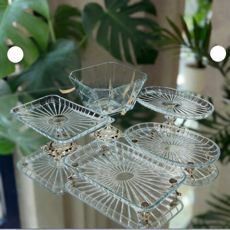 Vintage 5 Parça Gümüş-Gold Kristal Sunum Seti - Kase, Ayaklı Tabak ve Kulplu Tepsi Gümüş