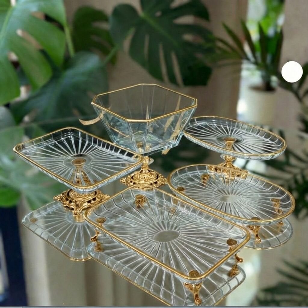 Vintage 5 Parça Gümüş-Gold Kristal Sunum Seti - Kase, Ayaklı Tabak ve Kulplu Tepsi Gold