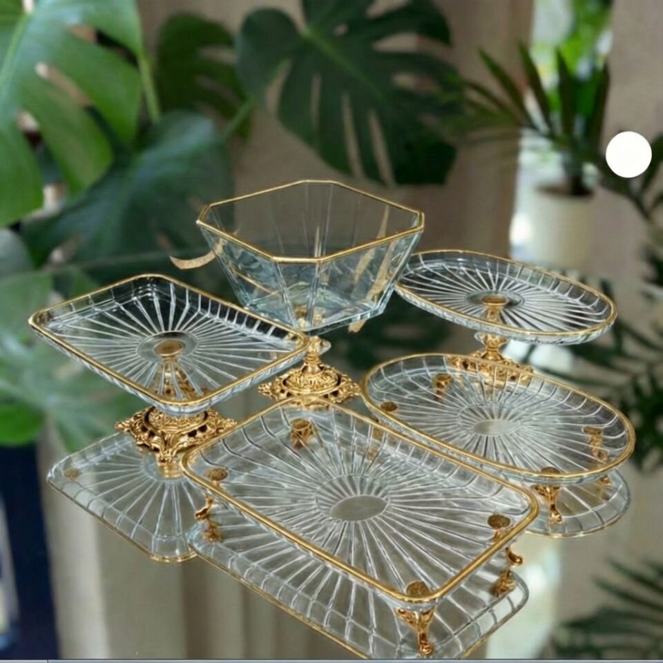 Vintage 5 Parça Gümüş-Gold Kristal Sunum Seti - Kase, Ayaklı Tabak ve Kulplu Tepsi Gold