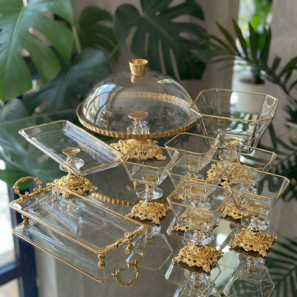 Fanuslu 10 Parça Gold Kristal Sunum ve Servis Seti - Magnolia Tatlı Kaseli