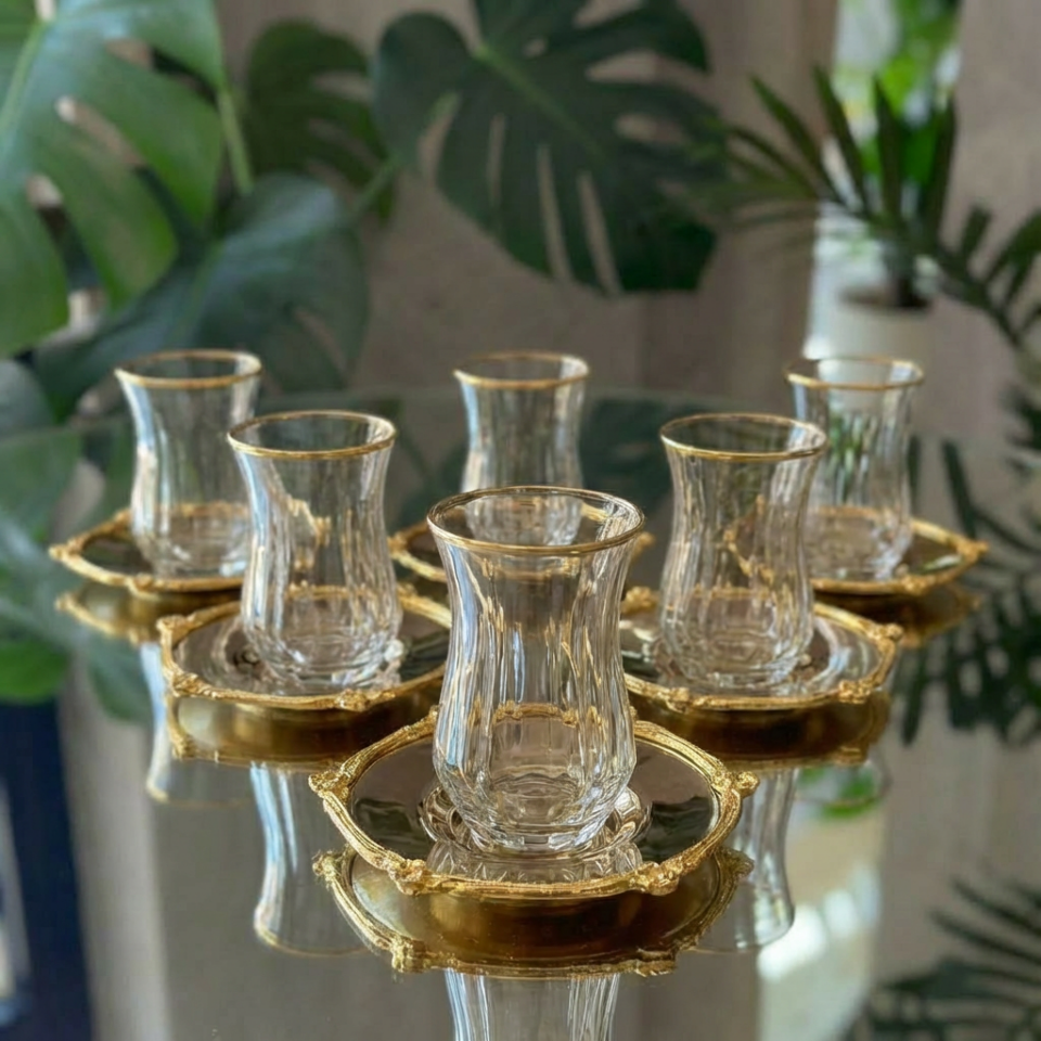 12 Parça 6 Kişilik Gold Metal Çerçeveli Çay Seti – 6 Bardak 6 Metal Tabak – Lüks Sunum eco gold metal