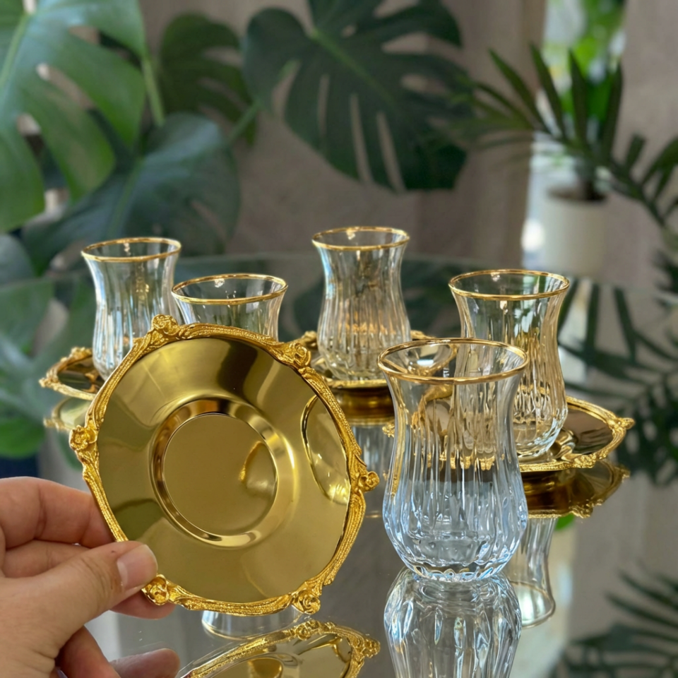 12 Parça 6 Kişilik Gold Metal Çerçeveli Çay Seti – 6 Bardak 6 Metal Tabak – Lüks Sunum eco gold metal