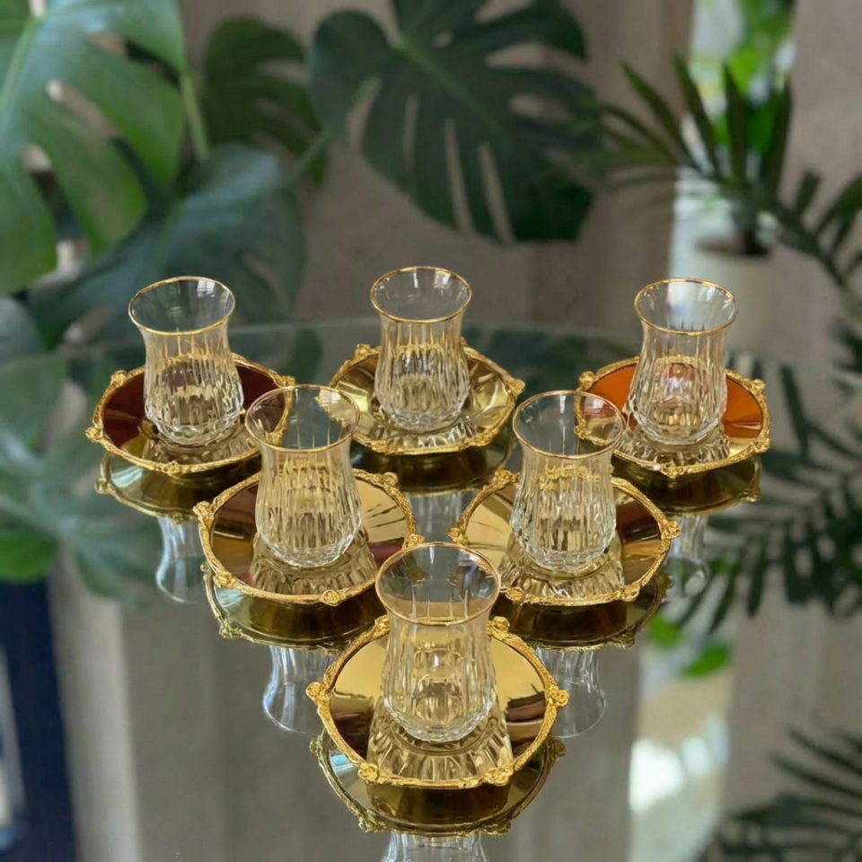 12 Parça 6 Kişilik Gold Metal Çerçeveli Çay Seti – 6 Bardak 6 Metal Tabak – Lüks Sunum eco gold metal