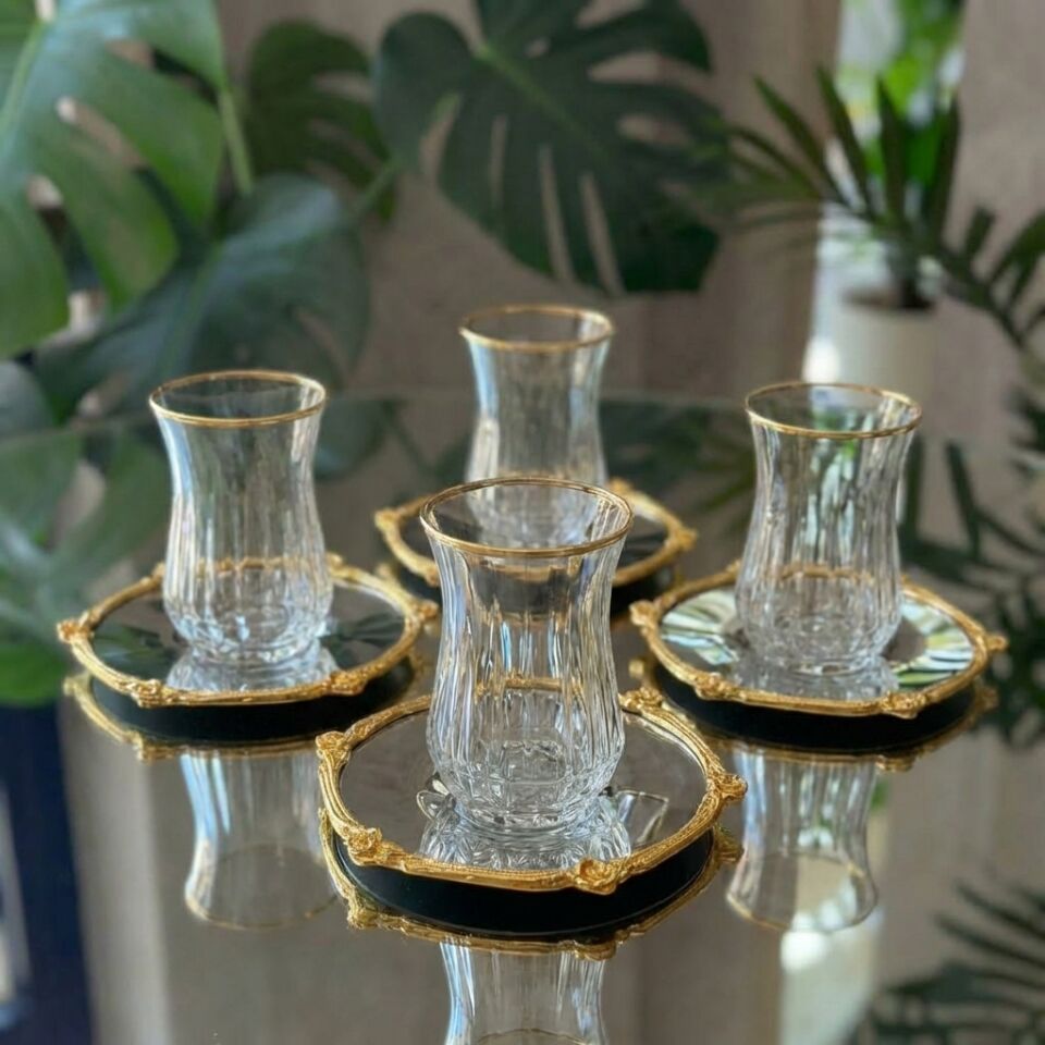 12 Parça 6 Kişilik Gold Metal Çerçeveli Çay Seti – 6 Bardak 6 Metal Tabak – Lüks Sunum eco gümüş metal