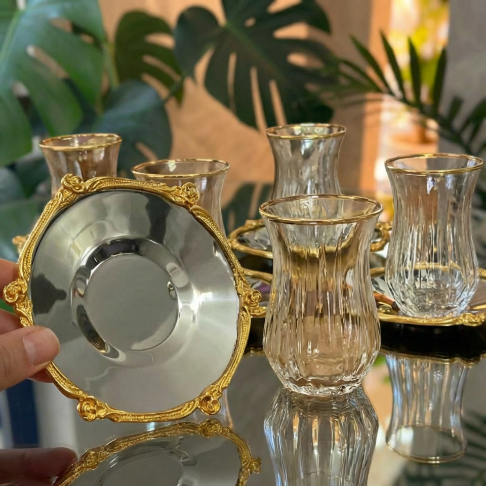 12 Parça 6 Kişilik Gold Metal Çerçeveli Çay Seti – 6 Bardak 6 Metal Tabak – Lüks Sunum eco gümüş metal