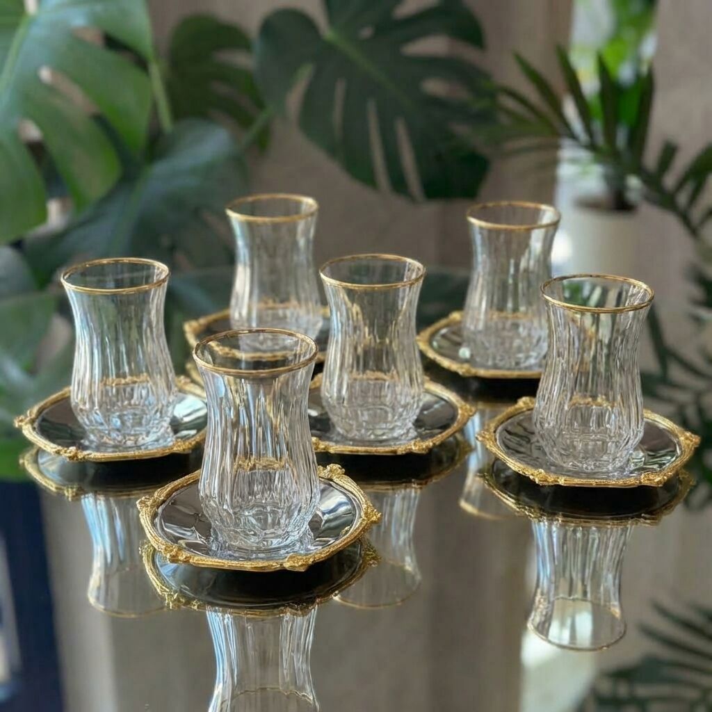 12 Parça 6 Kişilik Gold Metal Çerçeveli Çay Seti – 6 Bardak 6 Metal Tabak – Lüks Sunum eco gümüş metal