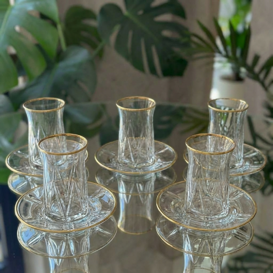 12 Parça 6 Kişilik Gold Metal Çerçeveli Çay Seti – 6 Bardak 6 Metal Tabak – Lüks Sunum zoe gold