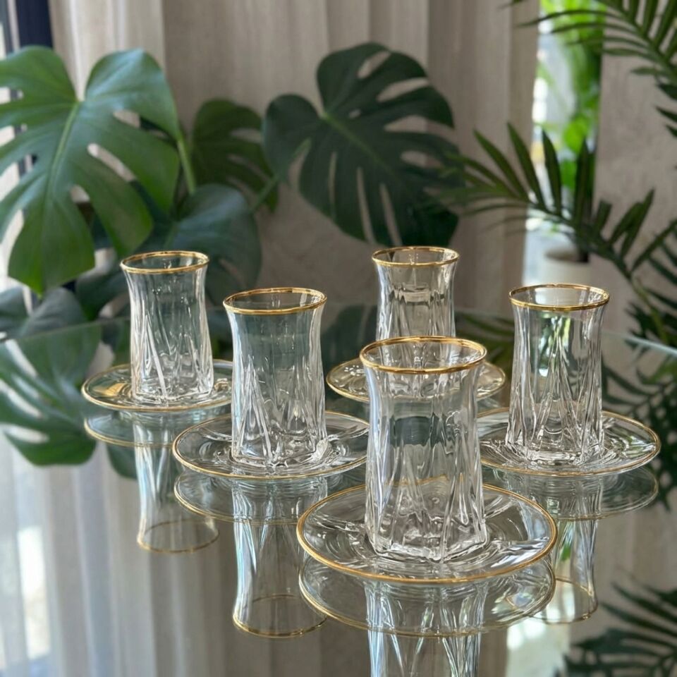 12 Parça 6 Kişilik Gold Metal Çerçeveli Çay Seti – 6 Bardak 6 Metal Tabak – Lüks Sunum zoe gold