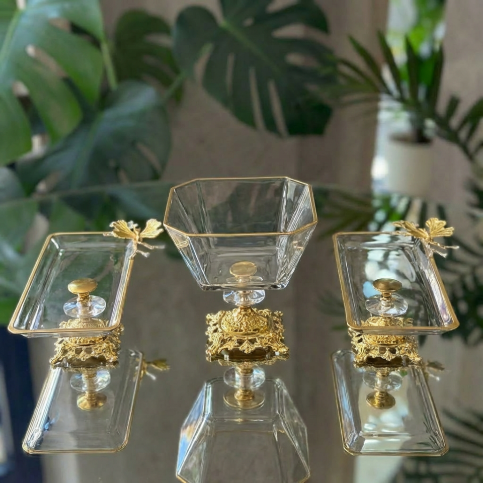 Lüks 3 Parça Kelebekli Sunum ve Servis Seti - Tabak - Kase