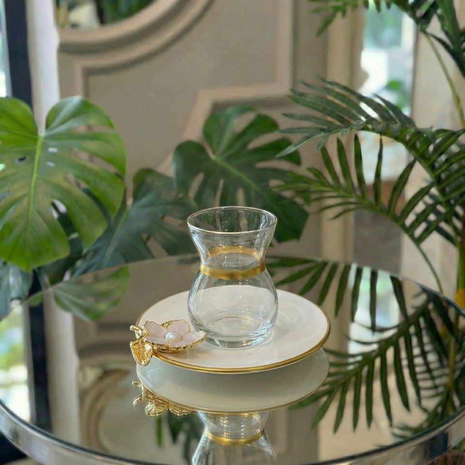 Papatya Detaylı - Lüks Porselen Tabaklı Hediyelik Çay Seti