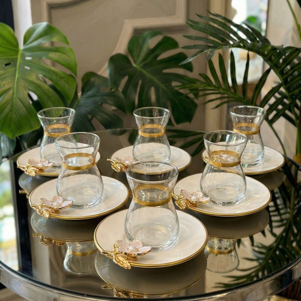 Papatya Detaylı - Lüks Porselen Tabaklı Hediyelik Çay Seti