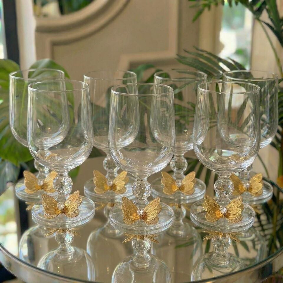 6’lı İnci/Çiçek Detaylı Gold Metal Süslemeli Ayaklı Cam Kahve Yani Kadeh Seti – Şık Sunum Bardakları Kelebekli