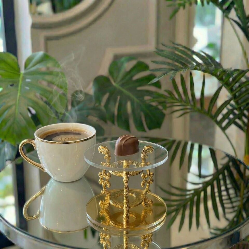 Lüks Metal Ayaklı Çiçekli Kahve Yanı Lokumluk & Çikolatalık – Yüzük Yükseltici, Dekoratif Sunumluk Gold
