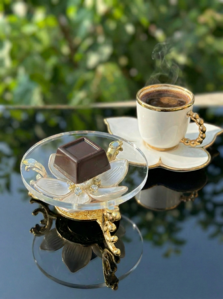 Lüks Metal Ayaklı Çiçekli Kahve Yanı Lokumluk & Çikolatalık – Yüzük Yükseltici, Dekoratif Sunumluk Papatya