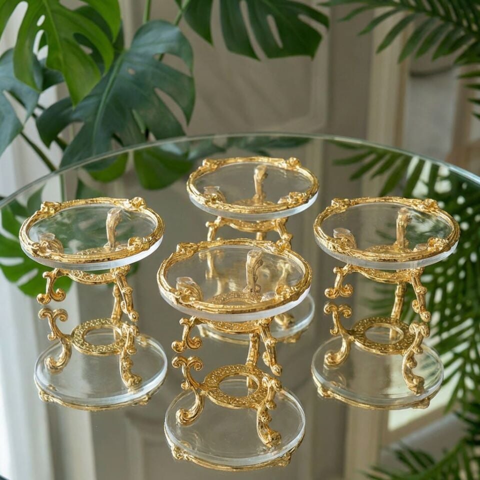 Lüks Metal Ayaklı Çiçekli Kahve Yanı Lokumluk & Çikolatalık – Yüzük Yükseltici, Dekoratif Sunumluk gold çerçeve