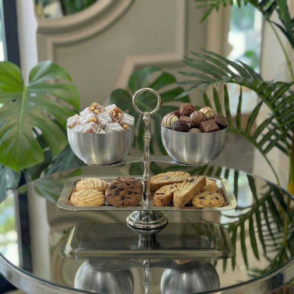 Lüks Terazi Tasarım 2 Katlı Sunumluk Gold-Gümüş Metal Sunum Standı Kuruyemiş, Lokum, Çikolata, Tatlı Gümüş