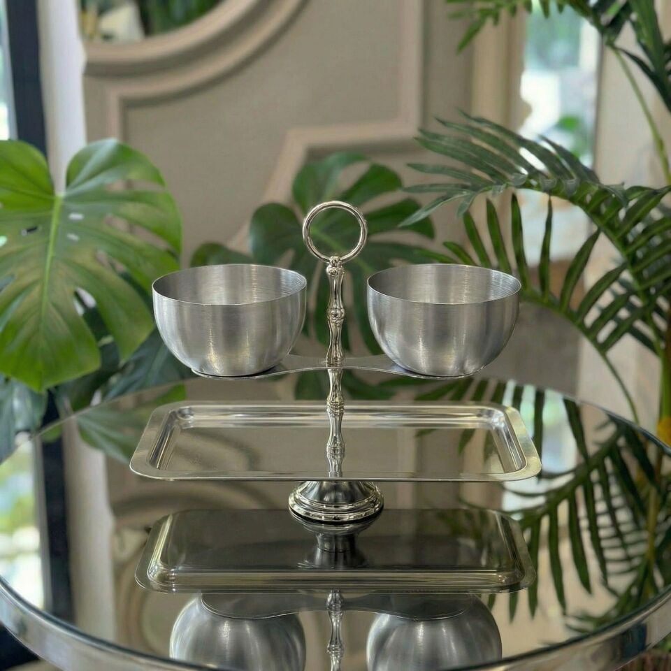 Lüks Terazi Tasarım 2 Katlı Sunumluk Gold-Gümüş Metal Sunum Standı Kuruyemiş, Lokum, Çikolata, Tatlı Gümüş