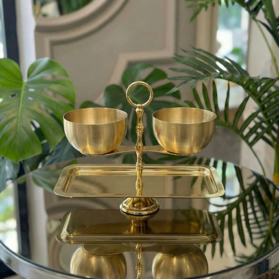 Lüks Terazi Tasarım 2 Katlı Sunumluk Gold-Gümüş Metal Sunum Standı Kuruyemiş, Lokum, Çikolata, Tatlı Gold